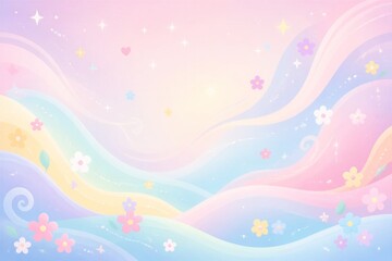Naklejka premium Pastel rainbow waves with floral accents in dreamy sky