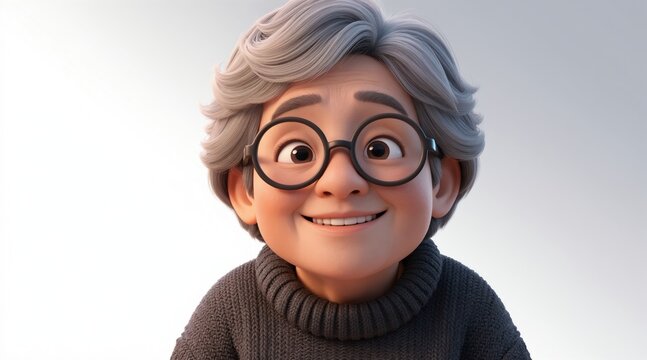 Cheerful cartoon elderly woman with glasses smiles warmly. She wears a cozy sweater, exuding happiness. This illustration is perfect for content about joy and positivity.