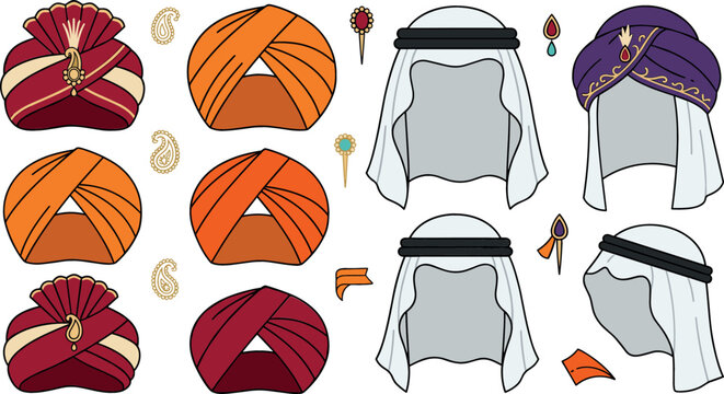 Traditional middle eastern and indian headwear vector illustration set including punjabi turbans sikh pagri arab ghutrah keffiyeh and royal groom headpieces isolated on white