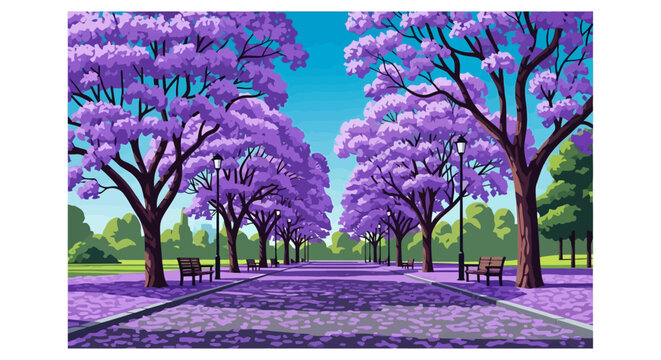 Avenue of blooming jacaranda trees in full purple splendor.