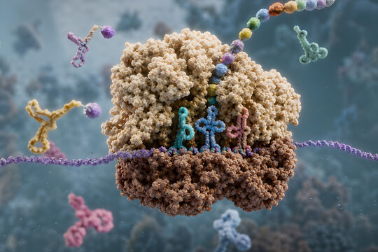 Ribosome translating messenger RNA into protein chain