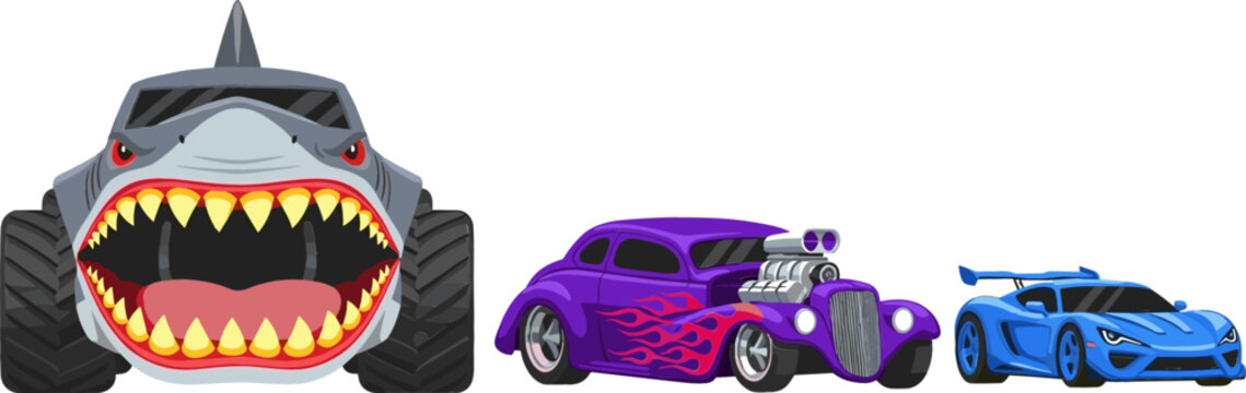 Monster Truck Shark Vehicle Set with Purple Hot Rod Flame Custom Coupe and Blue Modern Supercar Sports Racing Vector Illustrations