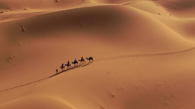 Tourist camel caravan traverses Erg Chebbi near Merzouga, Errachidia Province, Dr&acirc;a-Tafilalet, Morocco, following a narrow dune traverse and leaving tracks across wind-shaped Saharan sands aerial