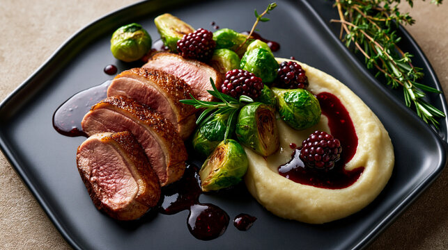 Sliced lean duck breast with celeriac puree roasted Brussels sprouts and blackberry reduction for healthy gourmet low glycemic dining
