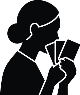 Black silhouette icon of a woman holding playing cards in her hands.