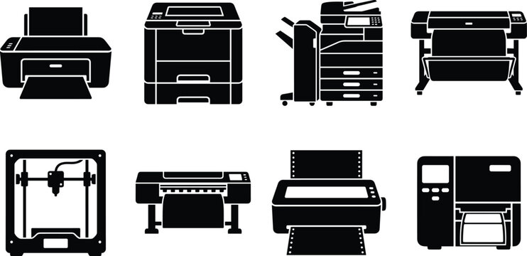 Office Printer and Industrial Printing Equipment Icons Vector Silhouette Set
