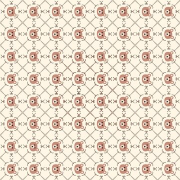 Cute seamless teddy bear pattern with adorable bear faces, bows, and decorative geometric lines on a warm cream background, perfect for baby fabrics, nursery decor, children's clothing, wrapping paper
