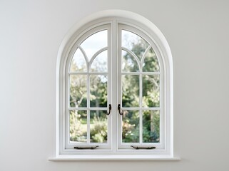 Fototapeta premium White arched window with garden view on a minimalist interior wall