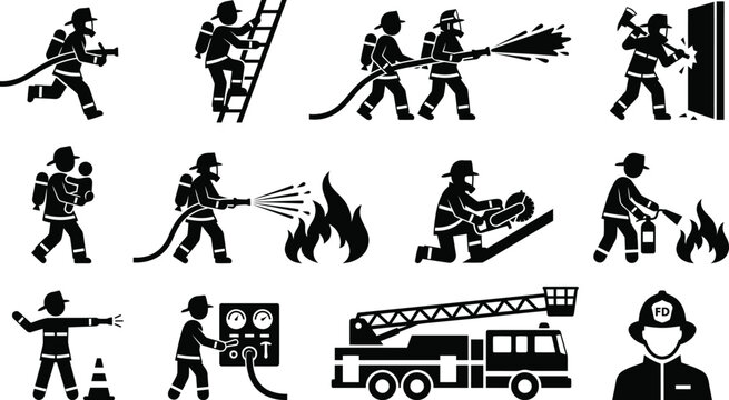 Set of firefighter silhouettes showing various firefighting activities and equipment.