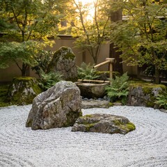 Fototapeta premium Japanese Zen Garden Stone Arrangement Bamboo Water Fountain