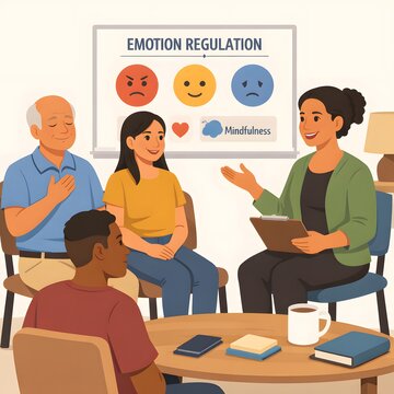 Person in DBT Skills Group Learning Emotion Regulation During Mental Health Therapy Session