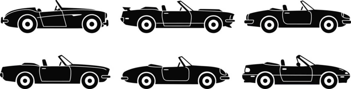 Set of six black silhouettes of vintage and modern convertible sports cars.