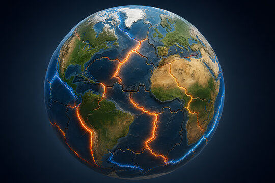 Glowing tectonic plates across realistic earth globe