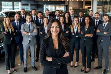 Fototapeta premium Diverse automotive professionals standing in modern car service center, led by confident female automotive engineer, with mechanics and technicians in busy workshop environment.