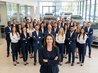 Obraz premium Diverse automotive professionals standing in modern car service center, led by confident female automotive engineer, with mechanics and technicians in busy workshop environment.