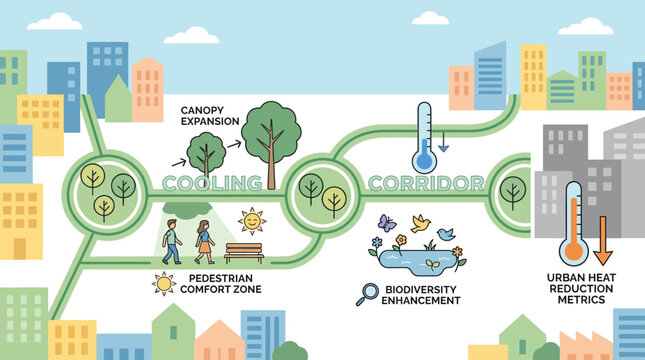 An illustrative diagram showcasing urban cooling strategies and environmental benefits within a city corridor, emphasizing heat reduction and biodiversity.