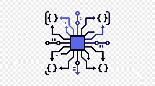 Microchip icon with programming code brackets on circuit lines.