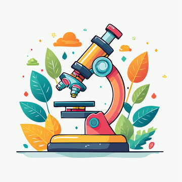 Cartoon Microscope with Leaves and Clouds