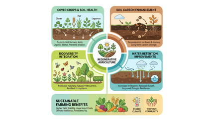 Naklejka premium An infographic illustrating the principles and benefits of regenerative agriculture, including soil health, carbon sequestration, water retention, and biodiversity integration.