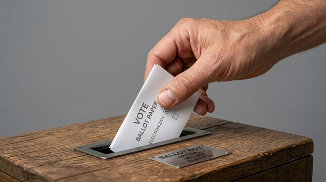 Hand Casting Vote into Wooden Ballot Box