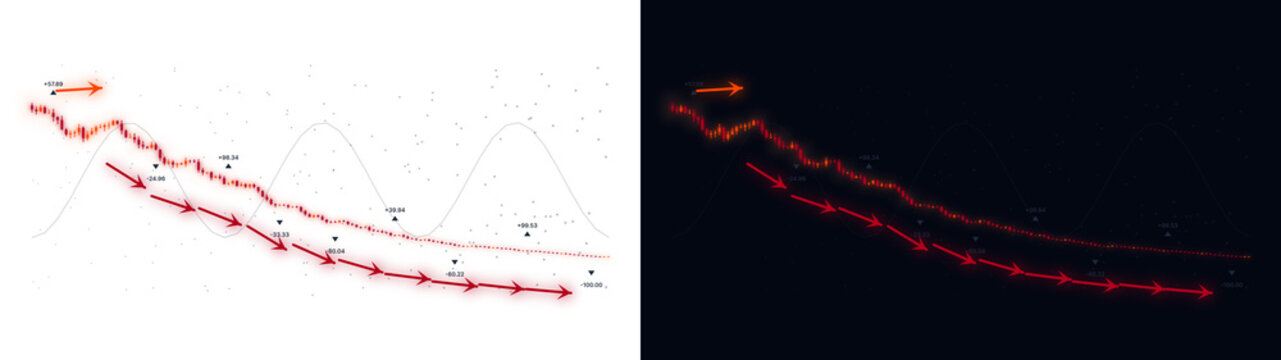 PNG image of Financial market crash diagram with red downward arrows, stock market volatility chart, economic recession and price drop visualization isolated on Transparent Background