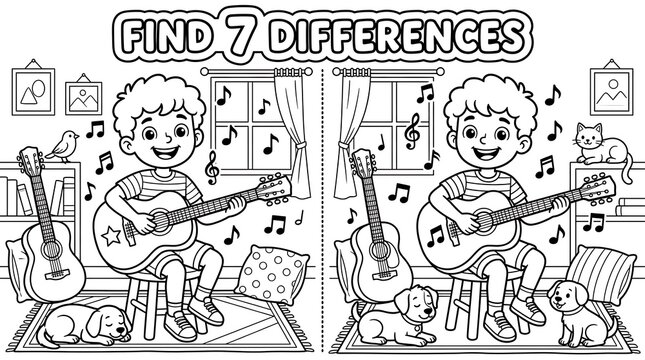 Find 7 differences puzzle with a boy playing guitar