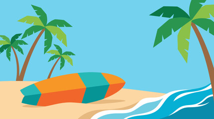 Obraz premium A colorful surfboard on a tropical beach with palm trees.