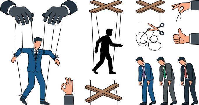 Puppet businessman controlled by gloved hands strings wooden cross bar scissors cutting ropes manipulation business psychology concept vector set isolated on white