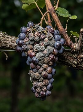 Bunch of Moldy and Rotting Purple Grapes Hanging on a Vine
