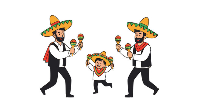 Mexican father and two sons wearing sombreros and traditional costumes dancing joyfully while playing maracas to celebrate their heritage.