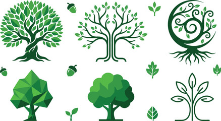 Green tree logo icons and nature design elements including life tree low poly geometric oak and plant symbols vector illustration set isolated on white © MdShakib