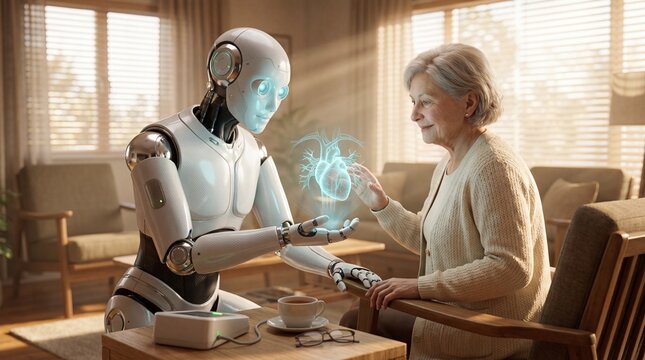 Robot assists senior patient with holographic heart scan in home care