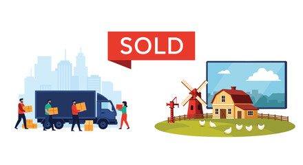 Naklejka premium Comparative illustration of urban living versus rural life showing a moving truck in a city and a farm with a sold sign.