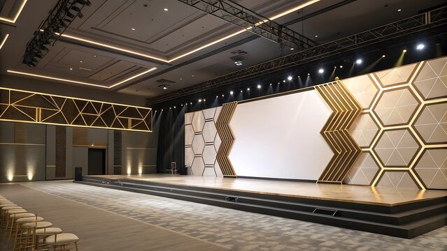 Modern Empty Stage with Geometric Hexagonal Wall Panels Ready for Event