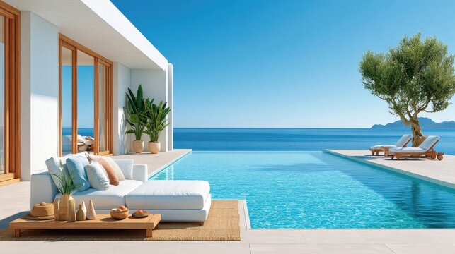 Luxury seaside villa with infinity pool, lounge seating and ocean views for relaxation and wellness
