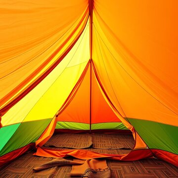 Tent with colorful rainfly open to reveal a peaceful interior, sky, relaxation