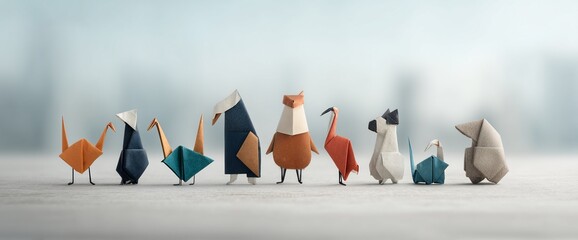 Fototapeta premium Paper animal origami collection in row with blurred background. Different colors and designs