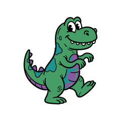 Obraz premium A cute green cartoon dinosaur stands on a white background