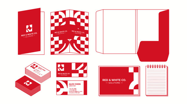 Red and white business stationery set.