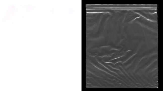 Transparent plastic texture on black background, wrinkled polyethylene bag overlay, clear zip lock bag with realistic creases and highlights