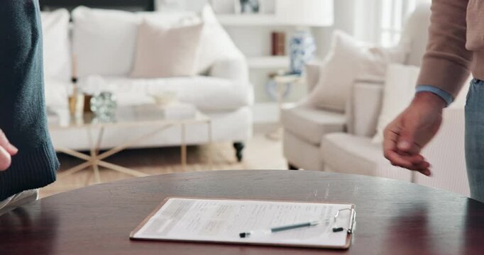 Senior, person or handshake with financial advisor for contract, pension application or deal in home. Elderly, client or shaking hands with documents for retirement plan or legal agreement in house