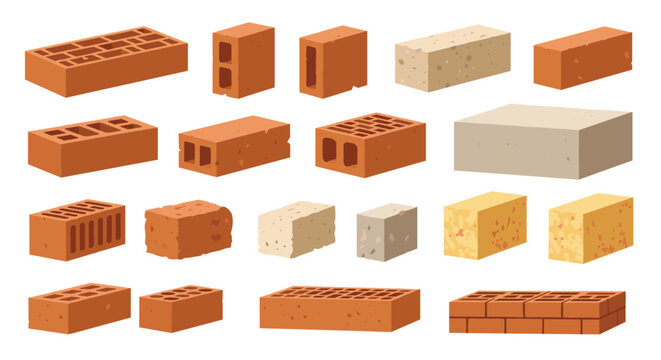 Diverse set of construction bricks including red clay, concrete, and hollow blocks shown from different angles for building.