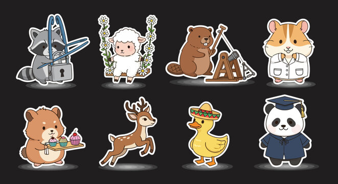 Colorful cartoon animal characters in various professions and outfits.