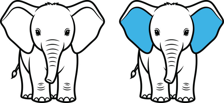Cute baby elephant vector illustration set, cartoon safari animal character with blue ears, friendly zoo elephant mascot for nursery decor