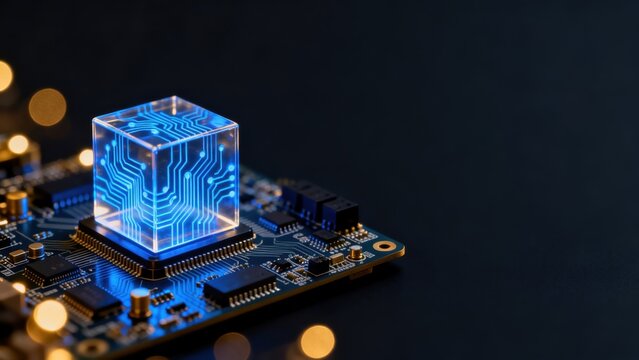 Circuit board with glowing cube