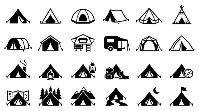 Minimal Black Tent Icon Sheet with Camping Shelter Forest Mountain Backpack Lantern Campfire and Outdoor Adventure Symbols