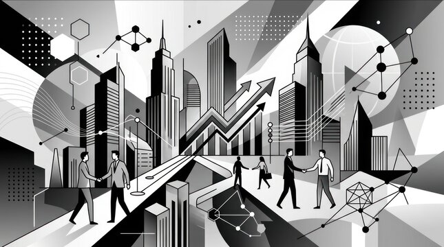 Cityscape with people and technology elements.