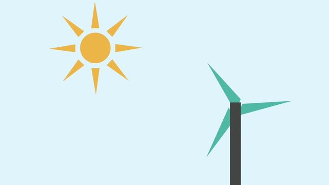 Minimalist vector animation of a spinning wind turbine and shining sun representing renewable energy