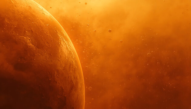 Immense red planet surface emerging from luminous cosmic dust, portraying the majesty of distant exoplanets and the boundless mysteries of the universe