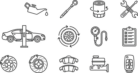 Car service and auto repair line icon set with maintenance tools brakes oil change vector © AKTAR